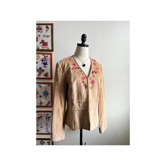 Vintage Y2K Suede Jacket | 2000s Tan Leather Floral Embroidered Blazer | Boho We - Picture 1 of 7